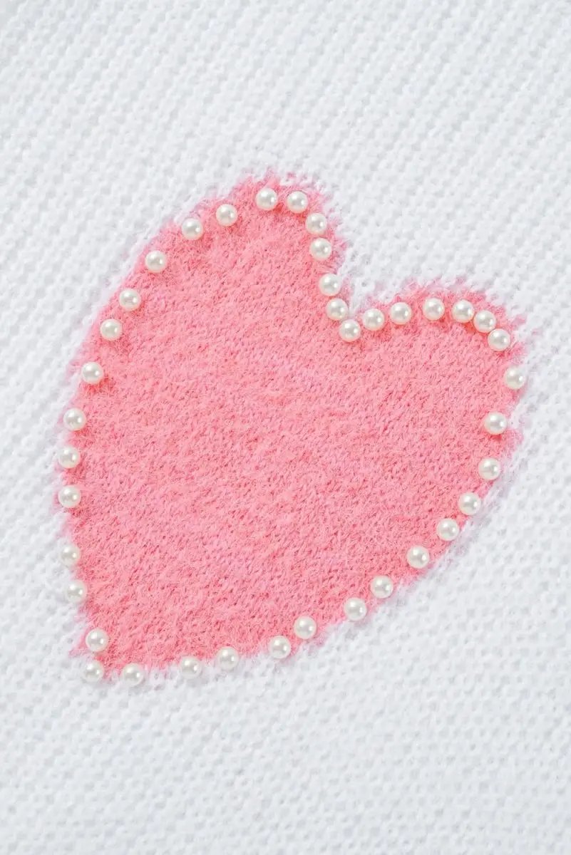 White Pearl Beaded Heart Pattern Fuzzy V Neck Sweater - Love Salve